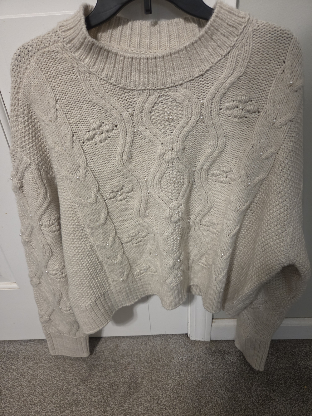 American Eagle Outfitters Cream Cable Crew Sweater with Subtle Sparkle